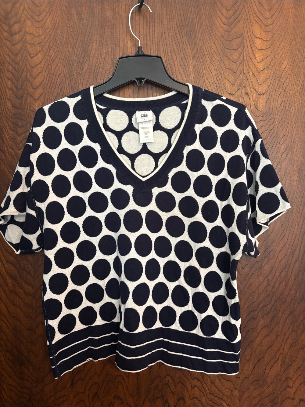 CAbi Navy and White Polka Dot V-Neck Knit Tee